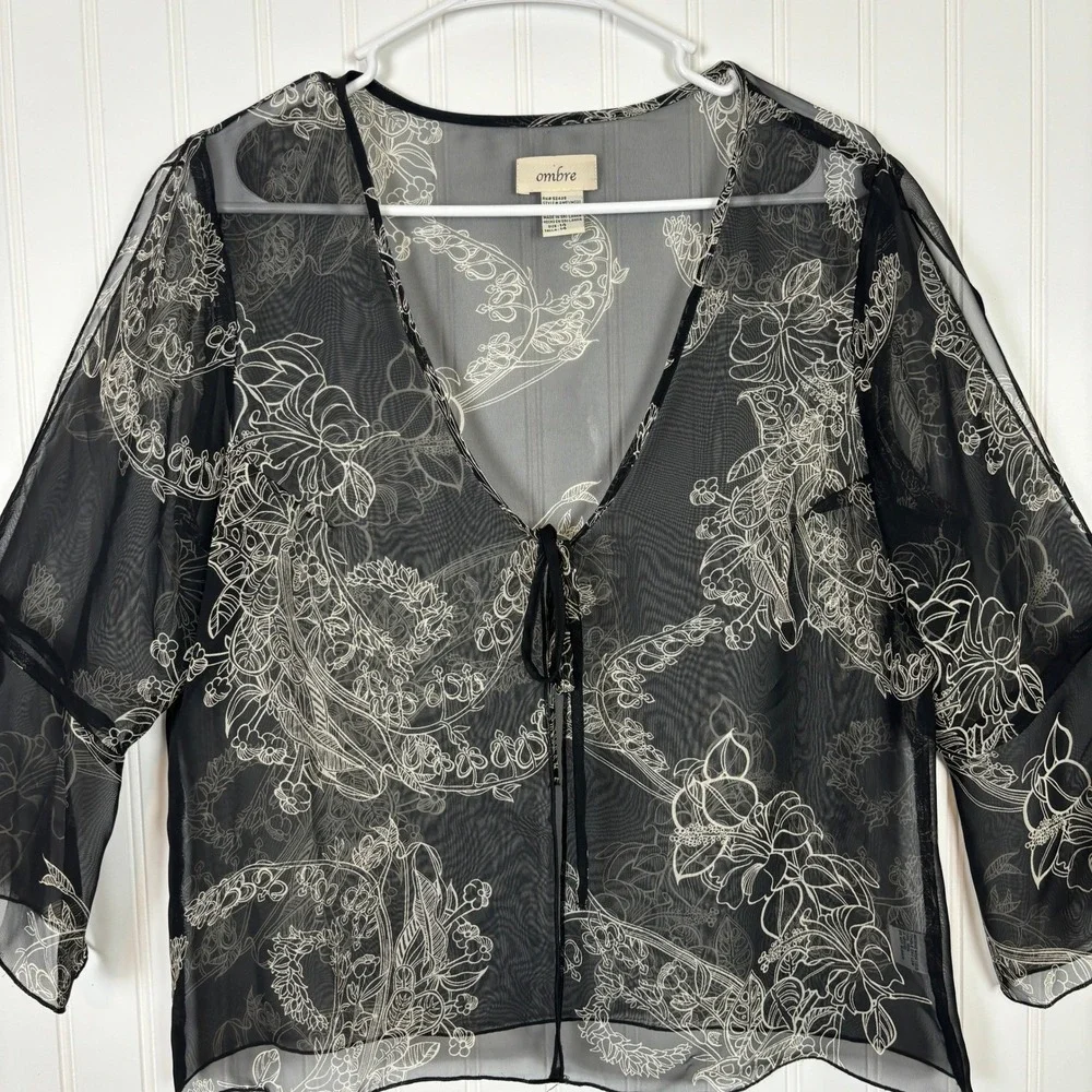 Floral Sheer Mesh Cardigan Black Tie Front Boho Fairycore Feminine Women Size 14